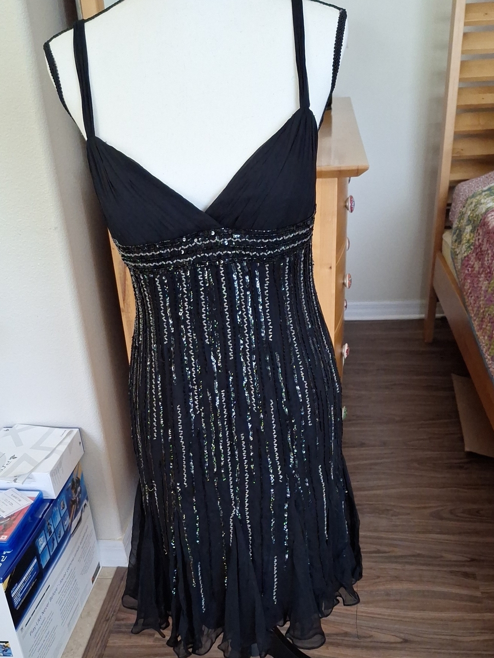 Glam Girls Silk Black Beaded Spaghetti-Strap Dress